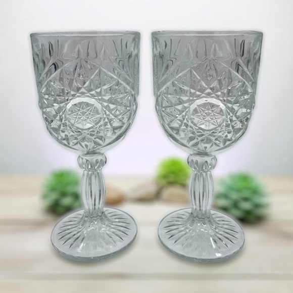 Libbey Hobstar Heavy Pressed Glass Double Goblet Ribbed Stem Set Of 2 Glasses - Picture 1 of 5